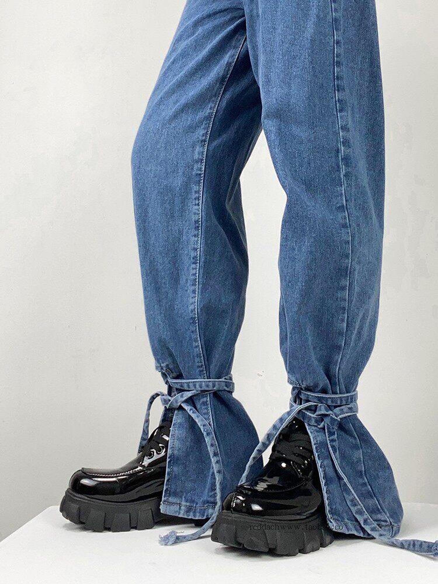 REDDACHIC Blue Washed High Waist Tie Slit Slimming Women'S Wide-Leg Jeans