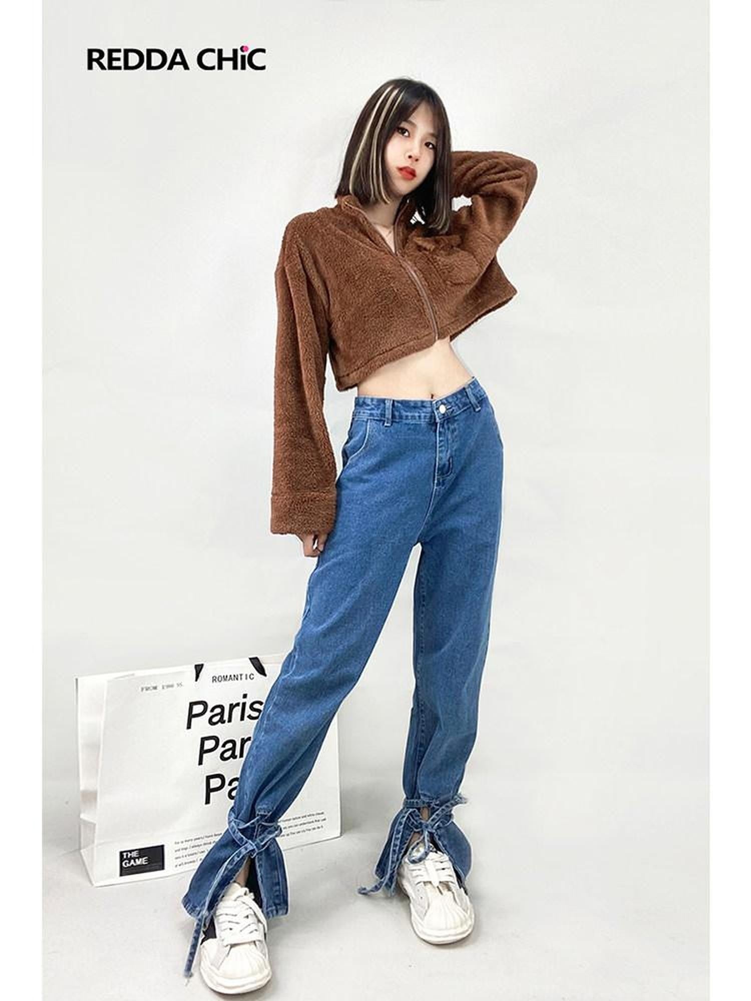 REDDACHIC Blue Washed High Waist Tie Slit Slimming Women'S Wide-Leg Jeans