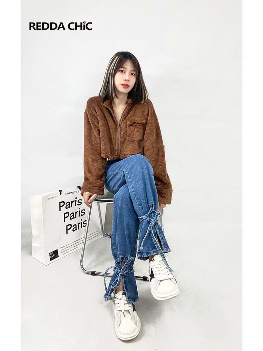 REDDACHIC Blue Washed High Waist Tie Slit Slimming Women'S Wide-Leg Jeans