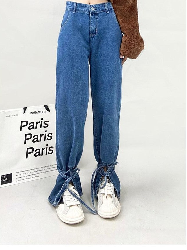 REDDACHIC Blue Washed High Waist Tie Slit Slimming Women'S Wide-Leg Jeans