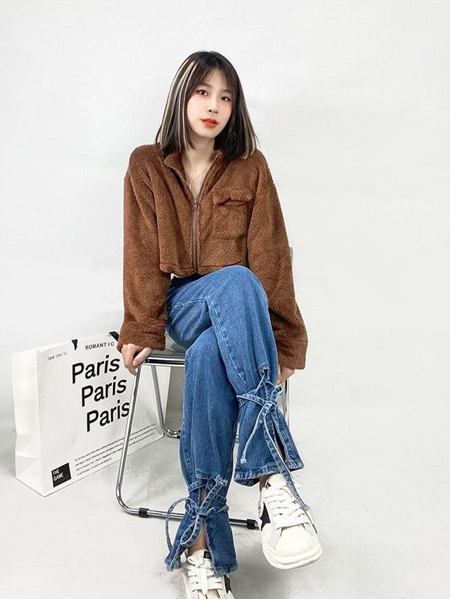 REDDACHIC Blue Washed High Waist Tie Slit Slimming Women'S Wide-Leg Jeans