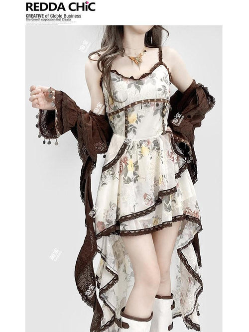 REDDACHIC Bohemian High Low Ruffle Floral Two Piece Women'S Slip Midi Dresses