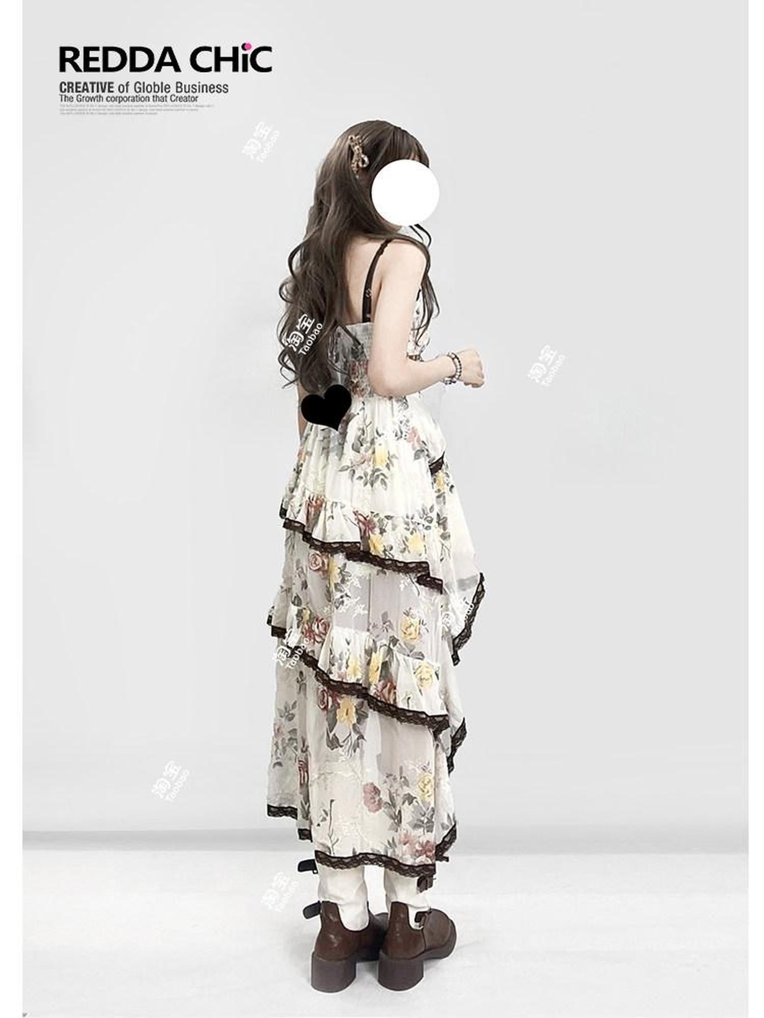 REDDACHIC Bohemian High Low Ruffle Floral Two Piece Women'S Slip Midi Dresses
