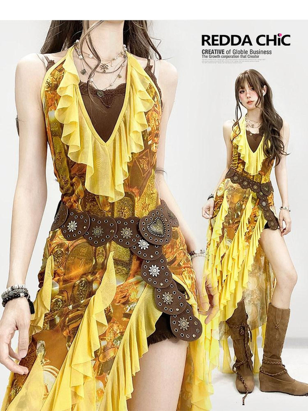 REDDACHIC Boho Retro Ethnic Asymmetrical Spaghetti Strap Ruffle Split Women'S Maxi Dresses
