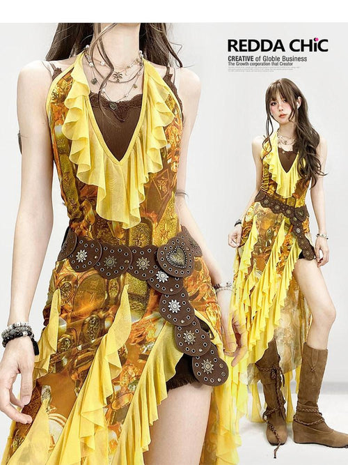 REDDACHIC Boho Retro Ethnic Asymmetrical Spaghetti Strap Ruffle Split Women'S Maxi Dresses