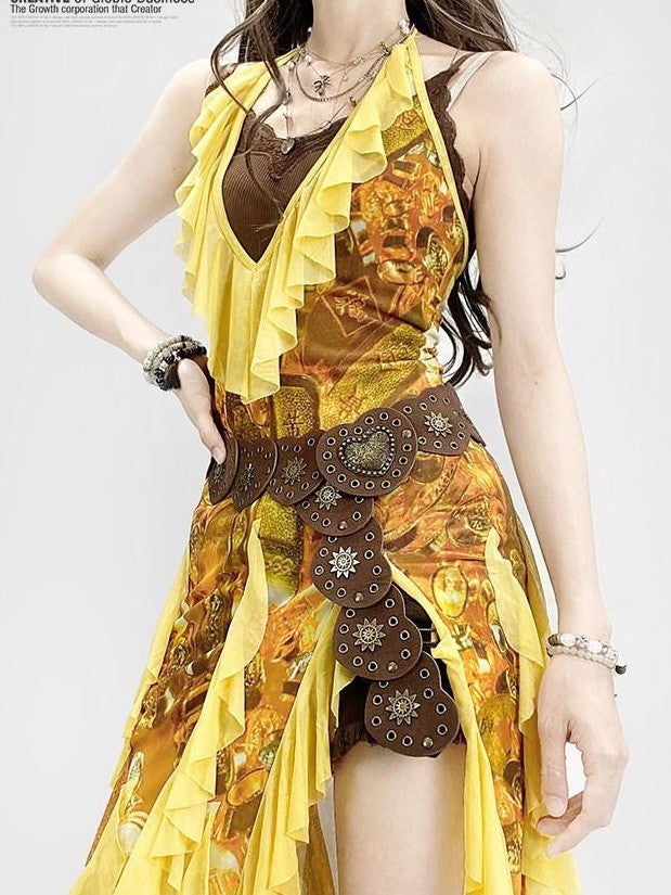 REDDACHIC Boho Retro Ethnic Asymmetrical Spaghetti Strap Ruffle Split Women'S Maxi Dresses