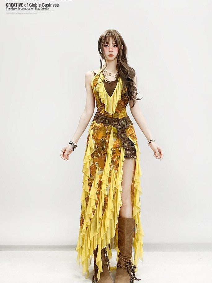REDDACHIC Boho Retro Ethnic Asymmetrical Spaghetti Strap Ruffle Split Women'S Maxi Dresses