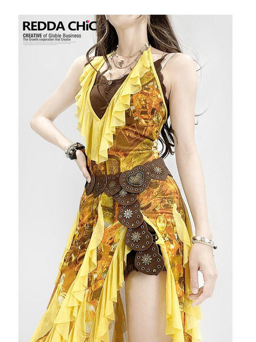 REDDACHIC Boho Retro Ethnic Asymmetrical Spaghetti Strap Ruffle Split Women'S Maxi Dresses