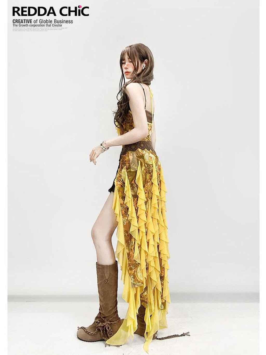 REDDACHIC Boho Retro Ethnic Asymmetrical Spaghetti Strap Ruffle Split Women'S Maxi Dresses