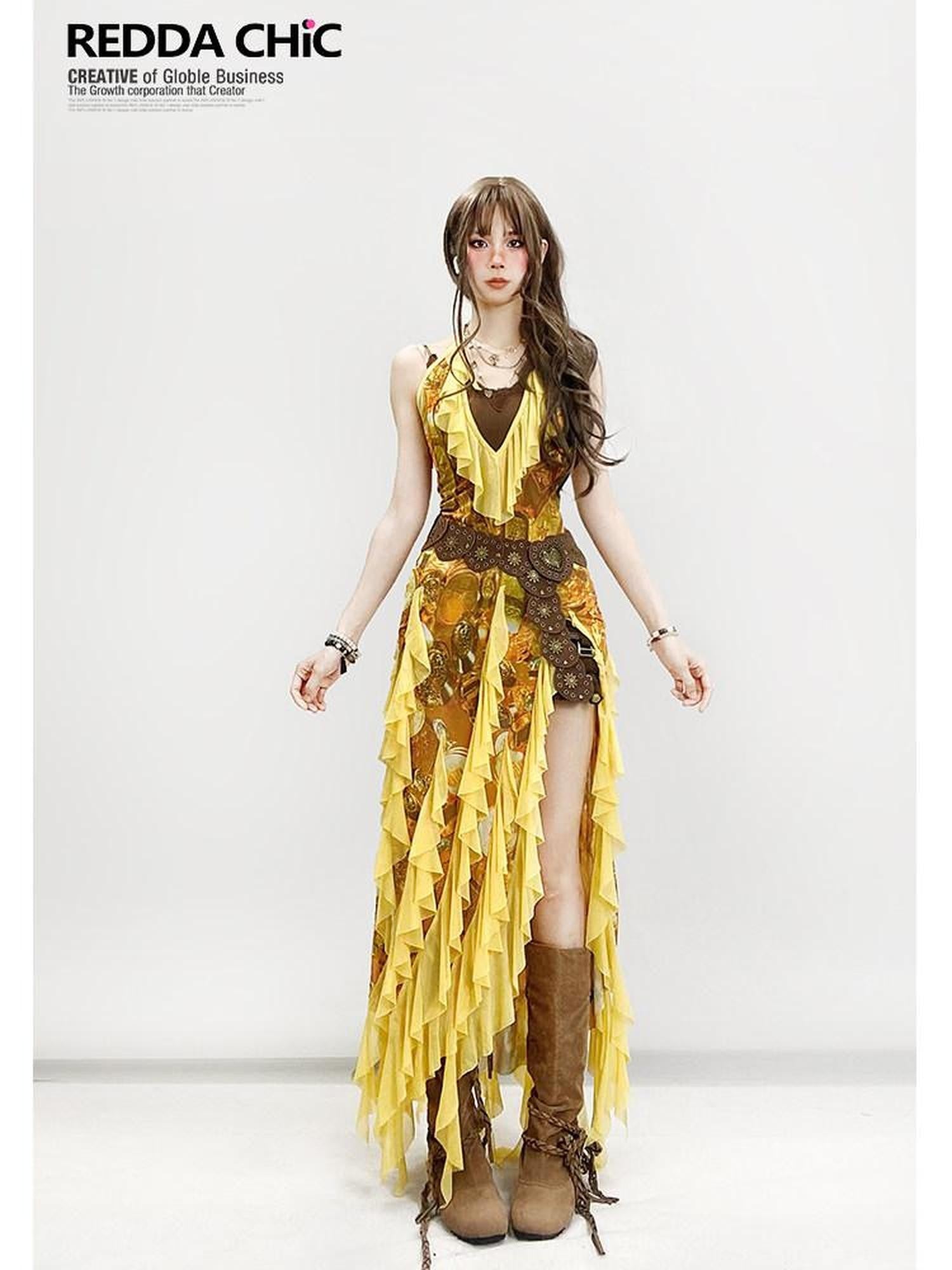 REDDACHIC Boho Retro Ethnic Asymmetrical Spaghetti Strap Ruffle Split Women'S Maxi Dresses