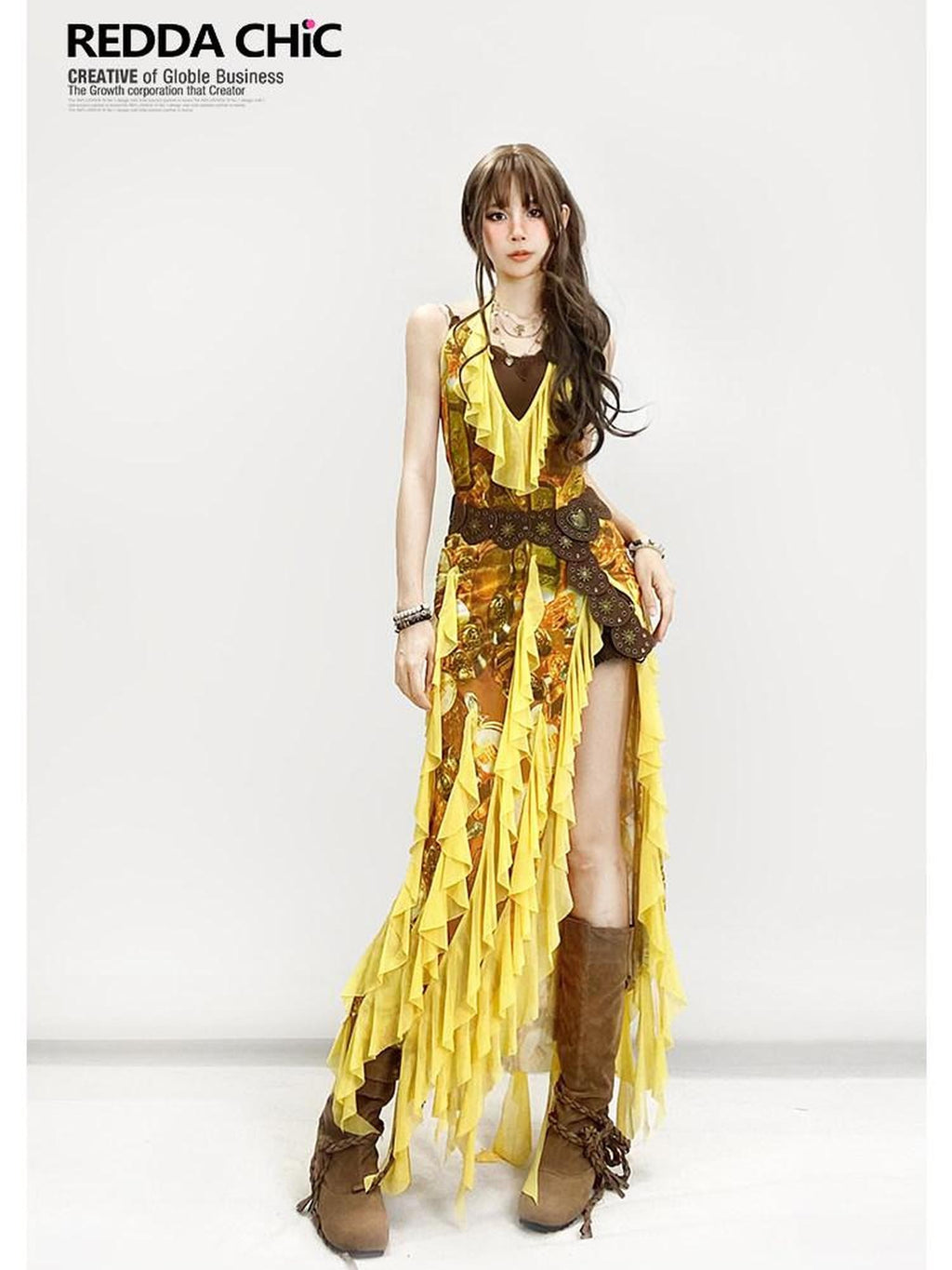 REDDACHIC Boho Retro Ethnic Asymmetrical Spaghetti Strap Ruffle Split Women'S Maxi Dresses