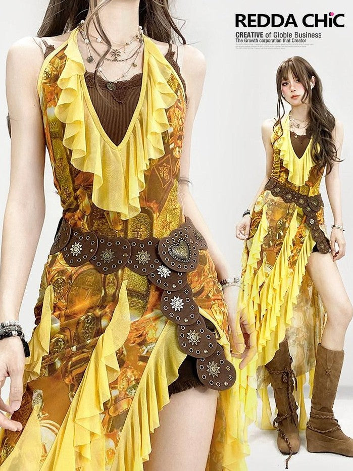 REDDACHIC Boho Retro Ethnic Asymmetrical Spaghetti Strap Ruffle Split Women'S Maxi Dresses