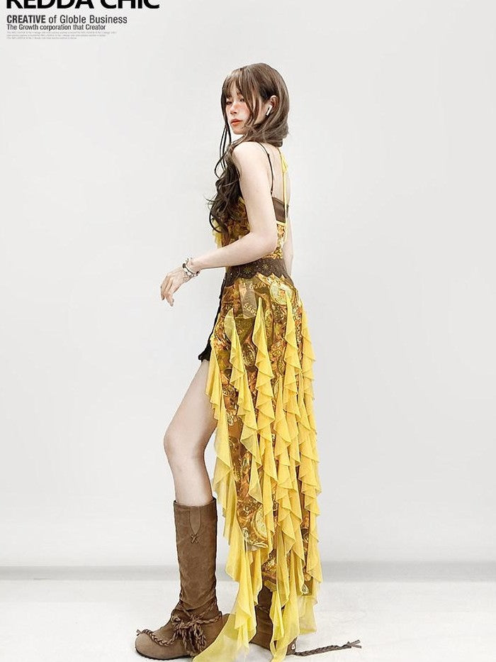 REDDACHIC Boho Retro Ethnic Asymmetrical Spaghetti Strap Ruffle Split Women'S Maxi Dresses