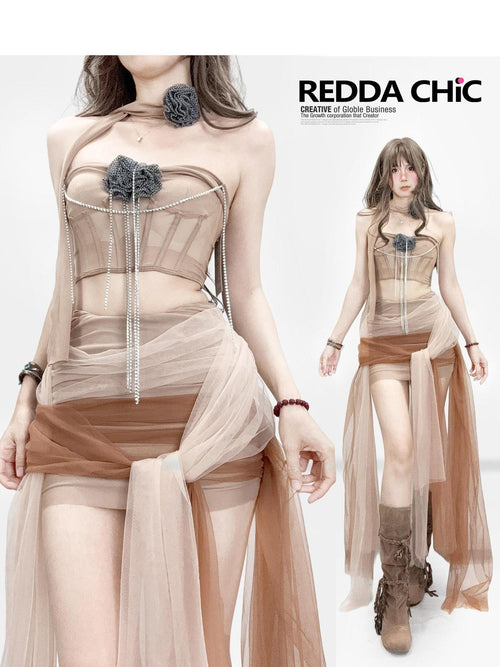 REDDACHIC Brown Boned Bustier Cutout Women'S Tulle Strapless Maxi Dresses