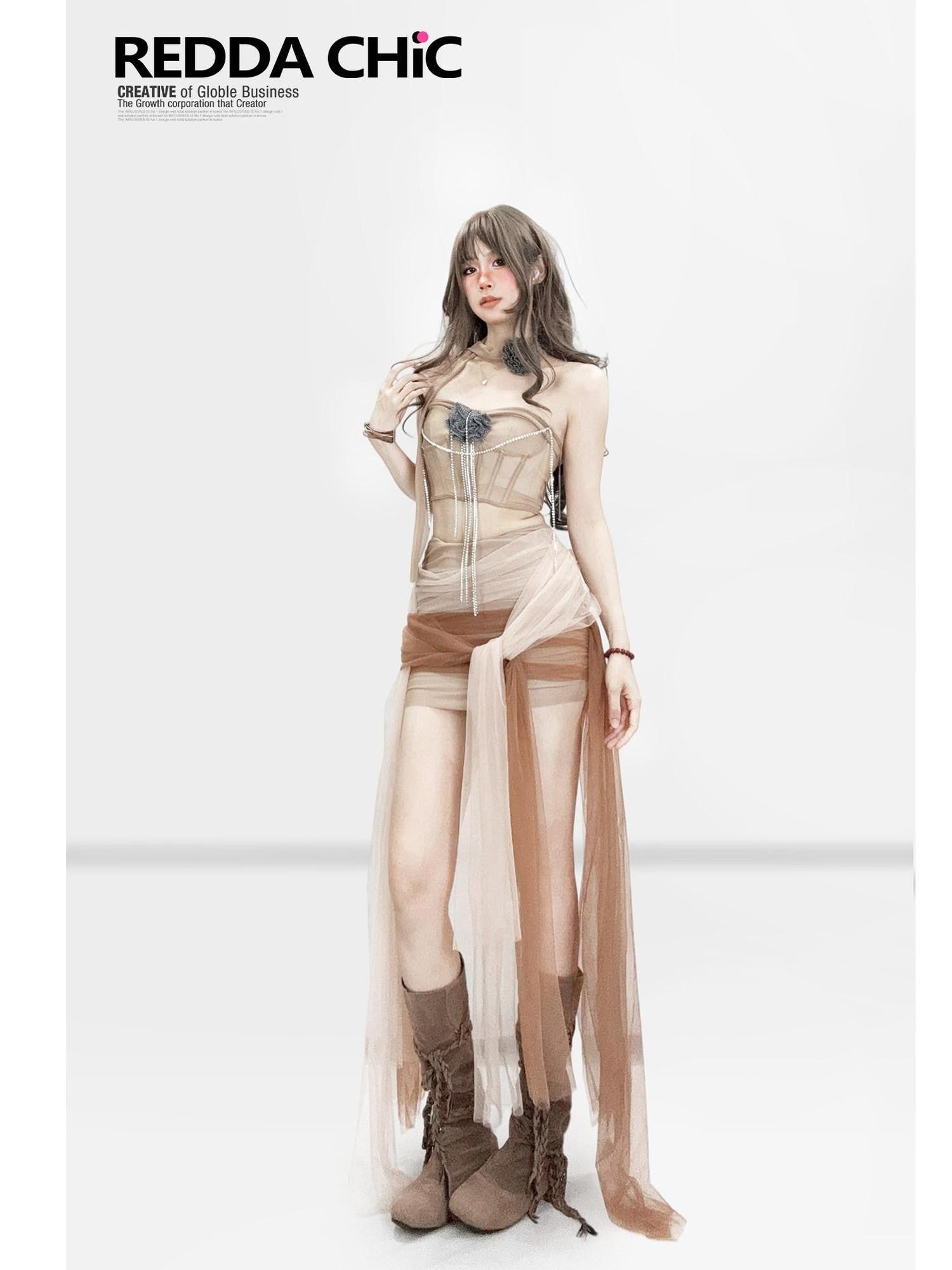 REDDACHIC Brown Boned Bustier Cutout Women'S Tulle Strapless Maxi Dresses