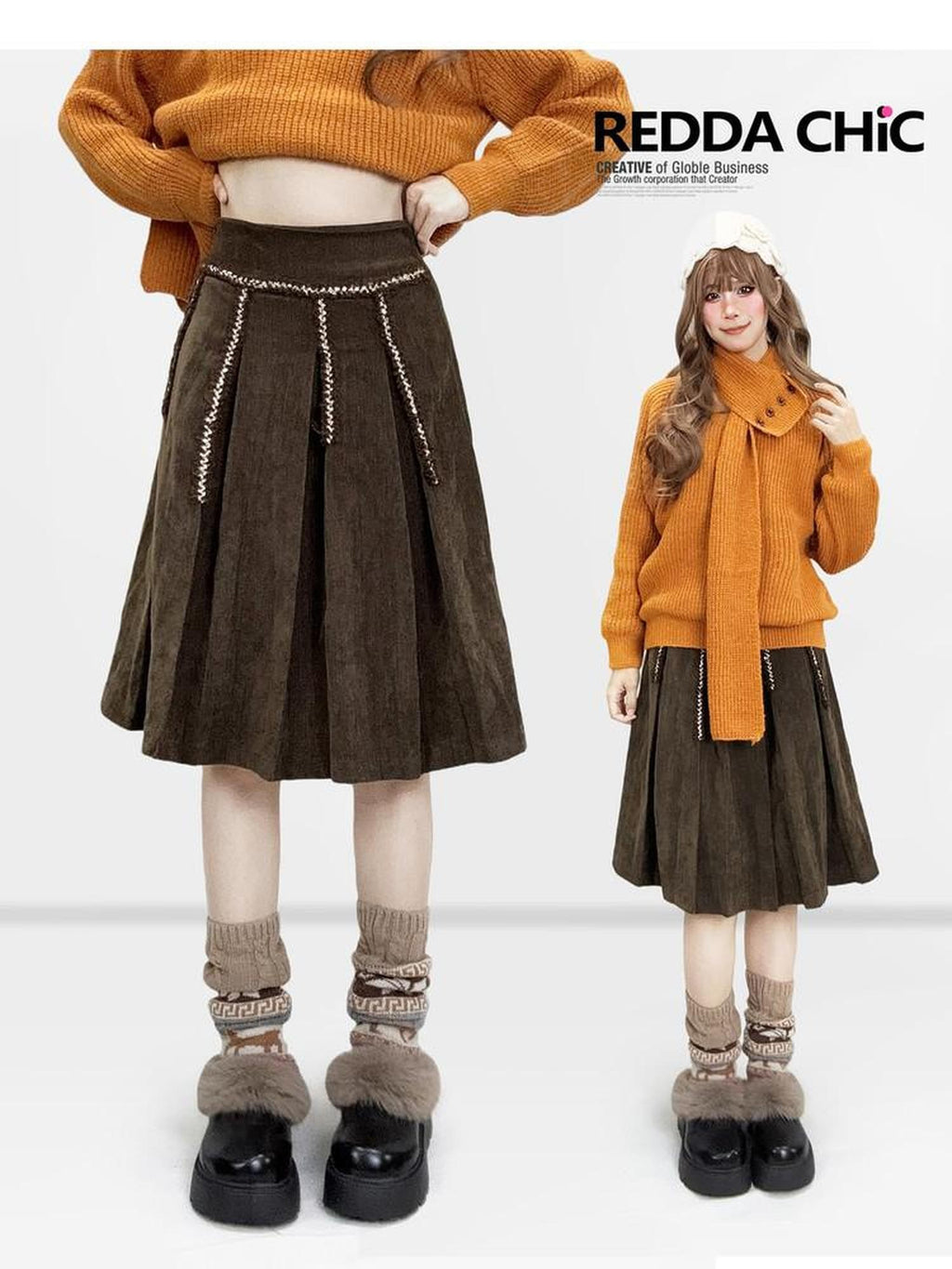 REDDACHIC Brown Embroidered Pleated A Line High Waist Women'S Velvet Midi Skirts