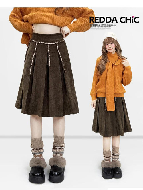 REDDACHIC Brown Embroidered Pleated A Line High Waist Women'S Velvet Midi Skirts
