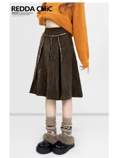 REDDACHIC Brown Embroidered Pleated A Line High Waist Women'S Velvet Midi Skirts