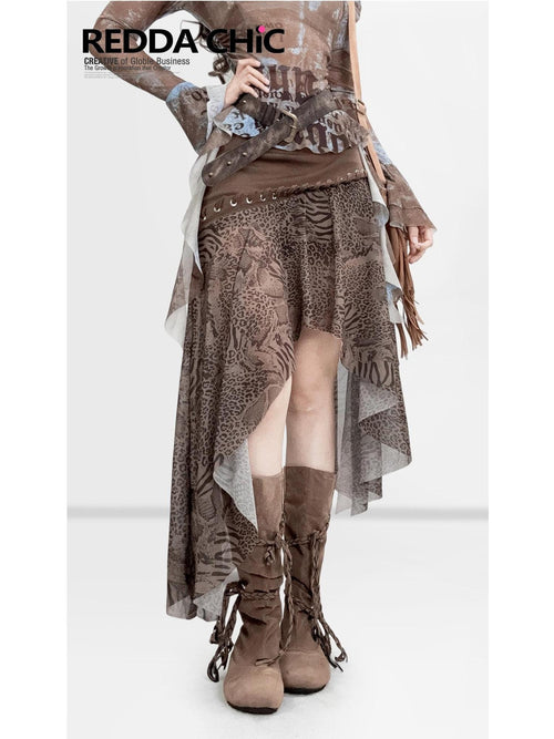 REDDACHIC Brown Leopard Print Asymmetric Ruffle High Waist A Line Women'S Midi Skirts