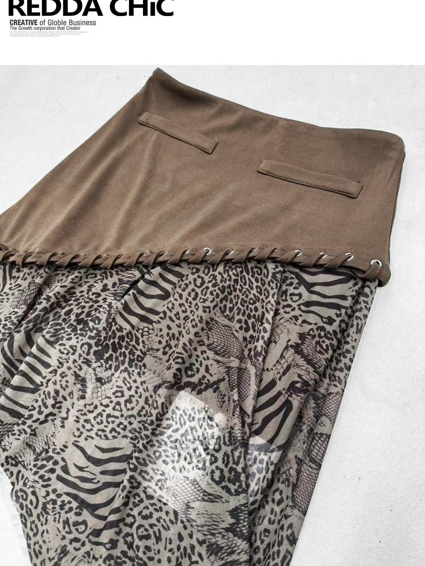 REDDACHIC Brown Leopard Print Asymmetric Ruffle High Waist A Line Women'S Midi Skirts