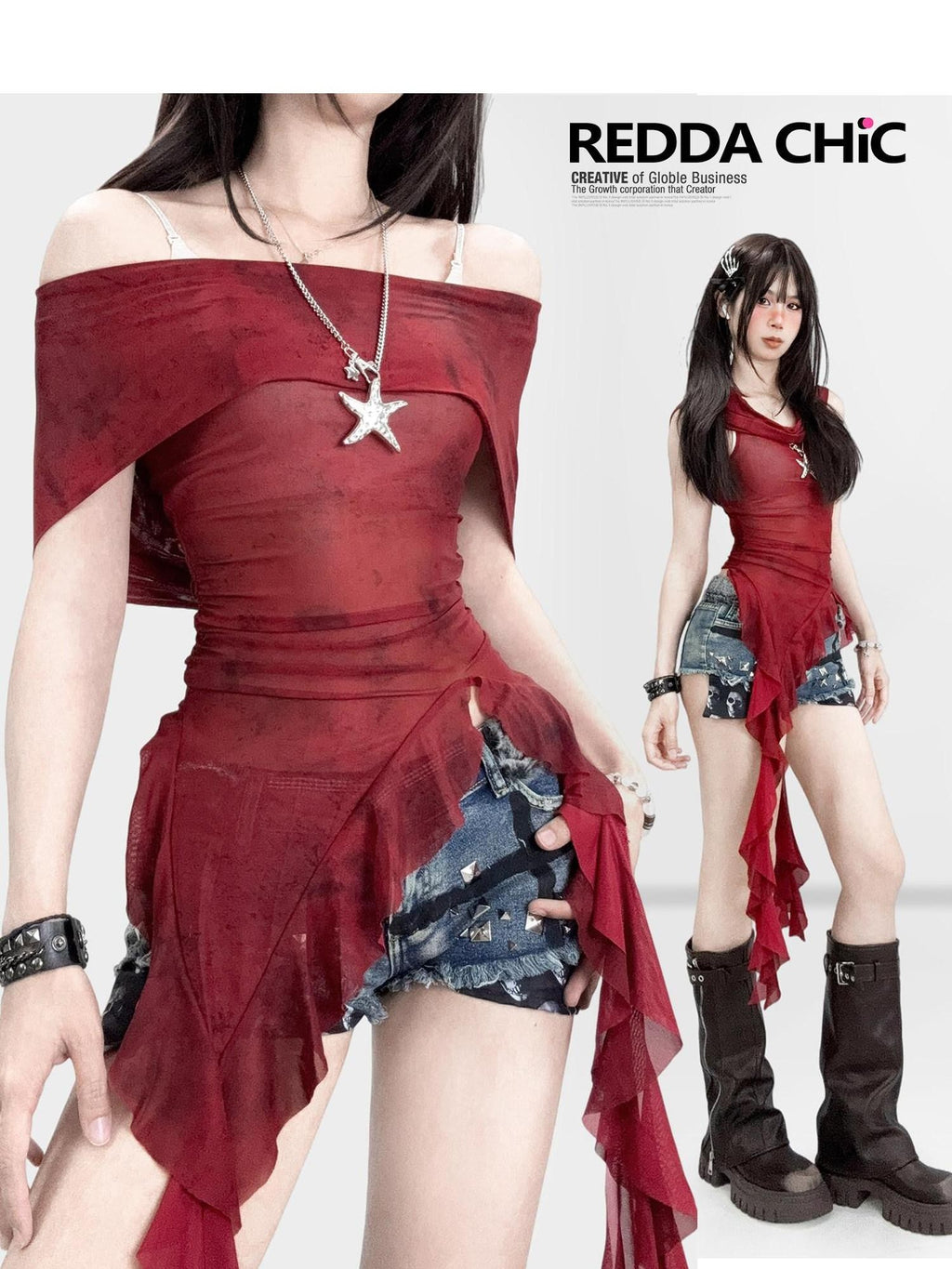 REDDACHIC Burgundy Retro Hooded Irregular Ruffle Waist Cinched Women'S Mesh Mini Dresses