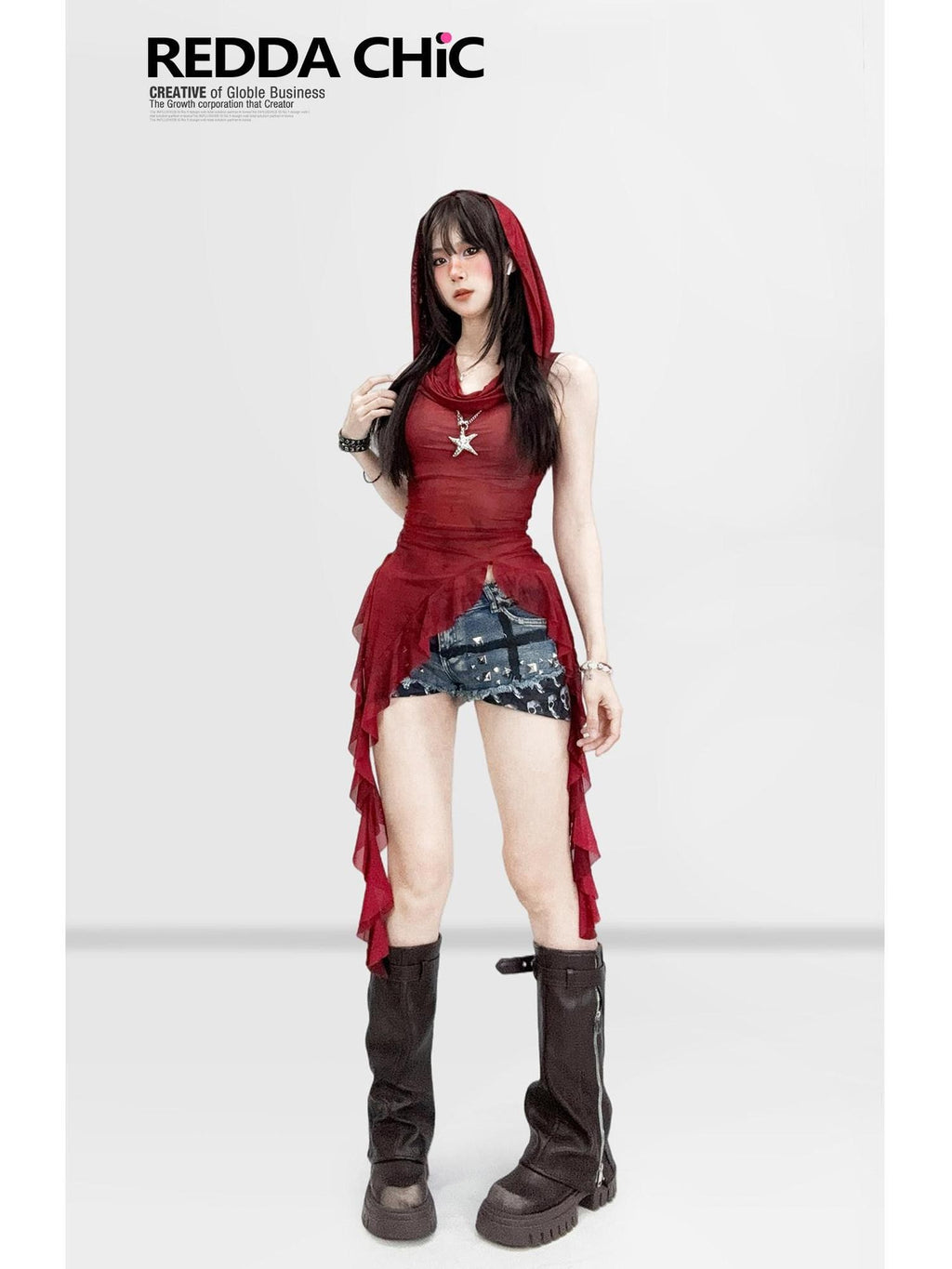 REDDACHIC Burgundy Retro Hooded Irregular Ruffle Waist Cinched Women'S Mesh Mini Dresses