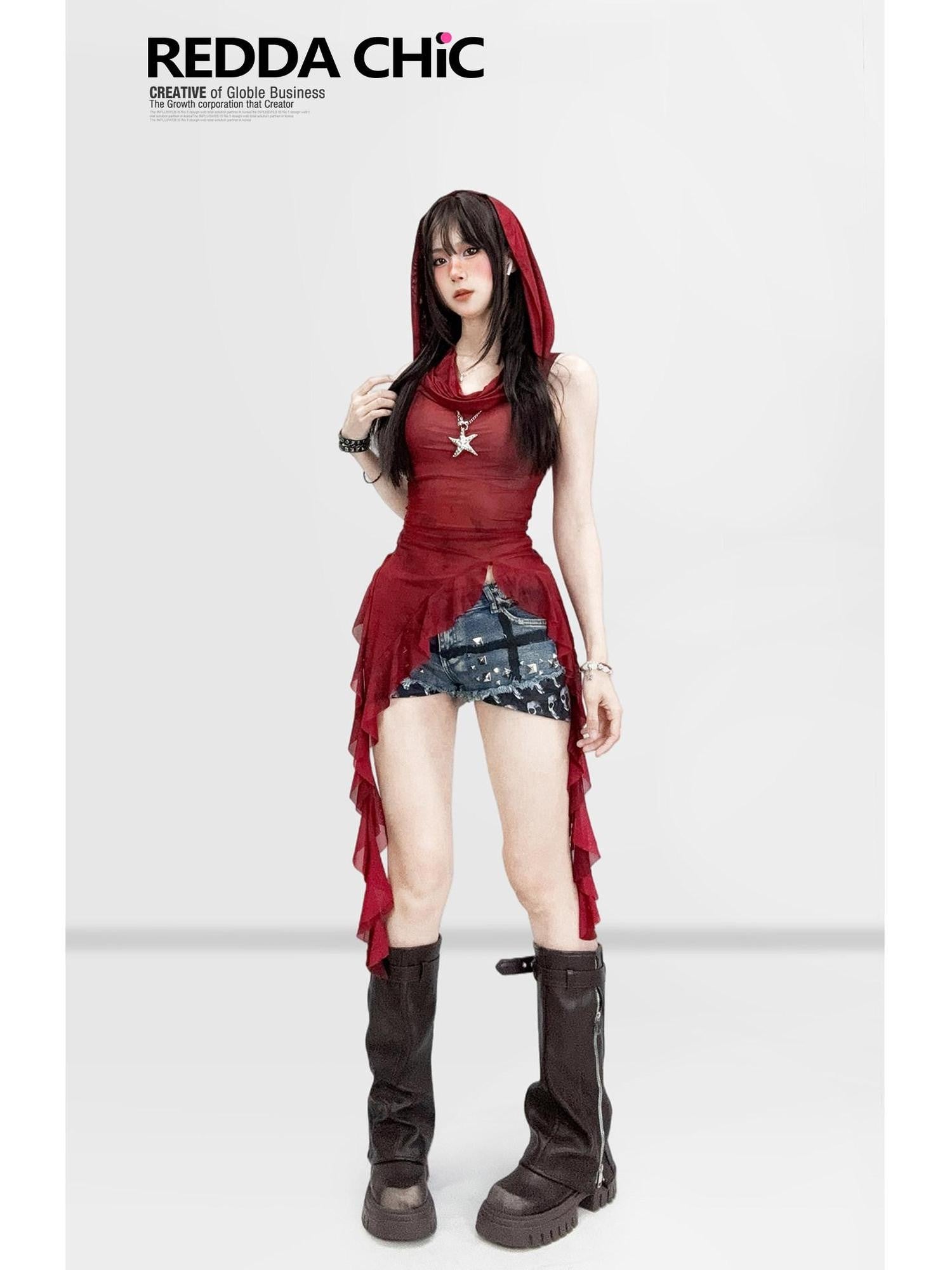 REDDACHIC Burgundy Retro Hooded Irregular Ruffle Waist Cinched Women'S Mesh Mini Dresses