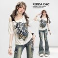 REDDACHIC_Butterfly_Embroidered_Off_Shoulder_Drawstring_Women'S_Short_Sleeve_T-Shirts_MISSTT