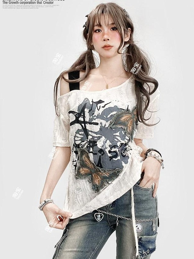 REDDACHIC Butterfly Embroidered Off Shoulder Drawstring Women'S Short Sleeve T-Shirts