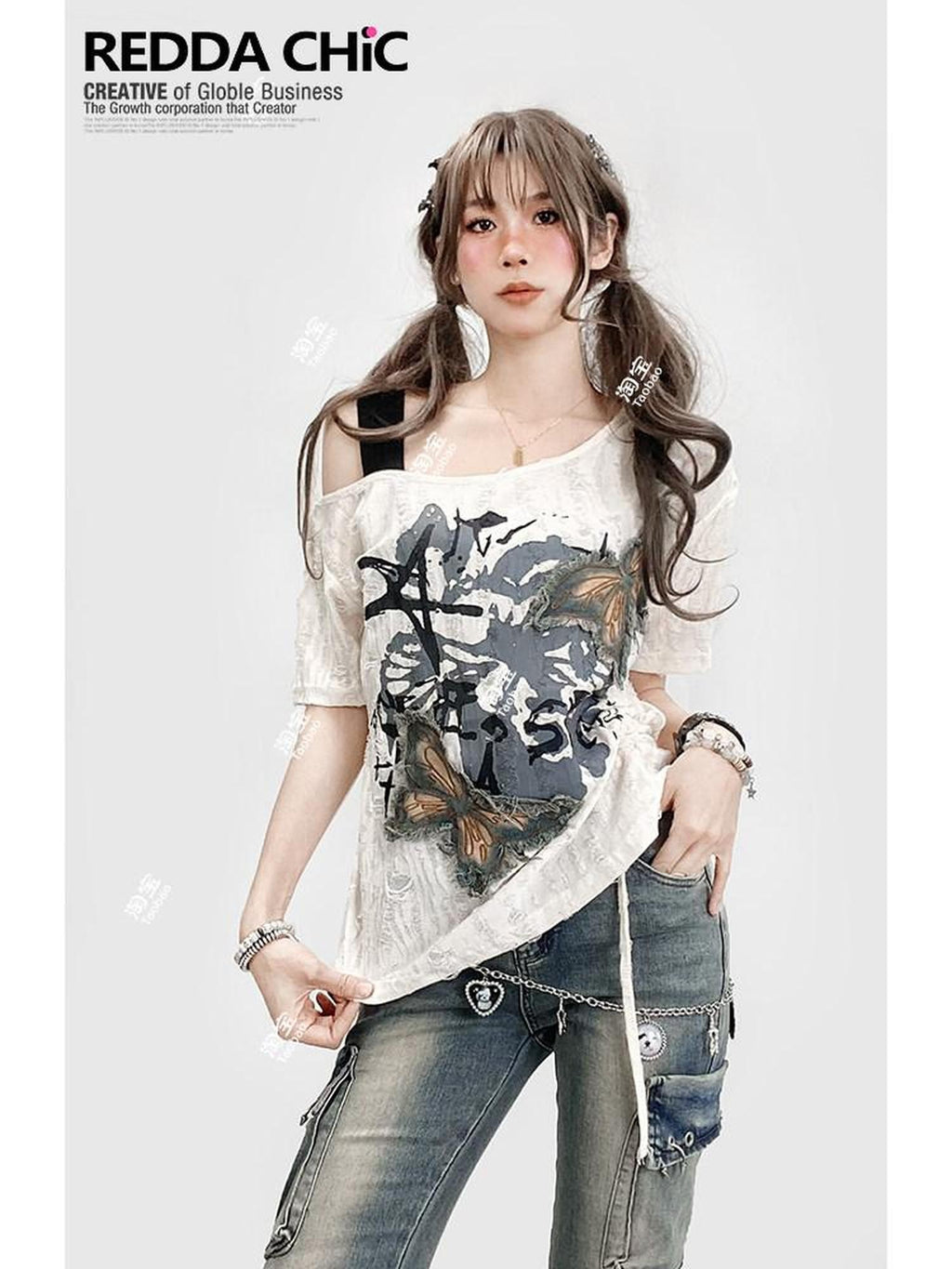 REDDACHIC Butterfly Embroidered Off Shoulder Drawstring Women'S Short Sleeve T-Shirts