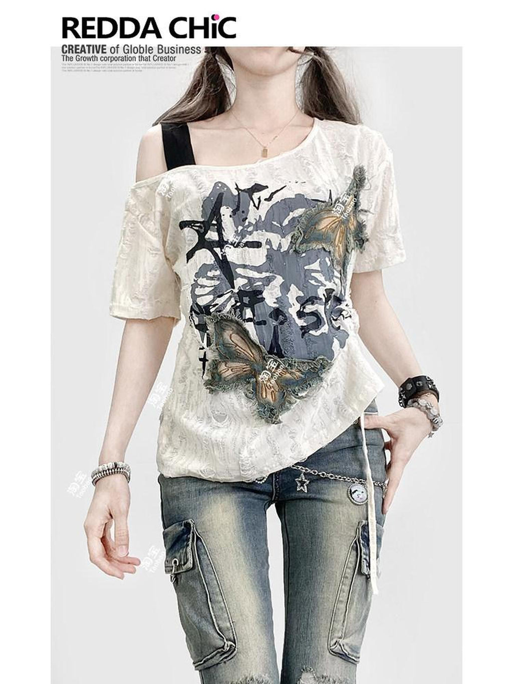 REDDACHIC Butterfly Embroidered Off Shoulder Drawstring Women'S Short Sleeve T-Shirts