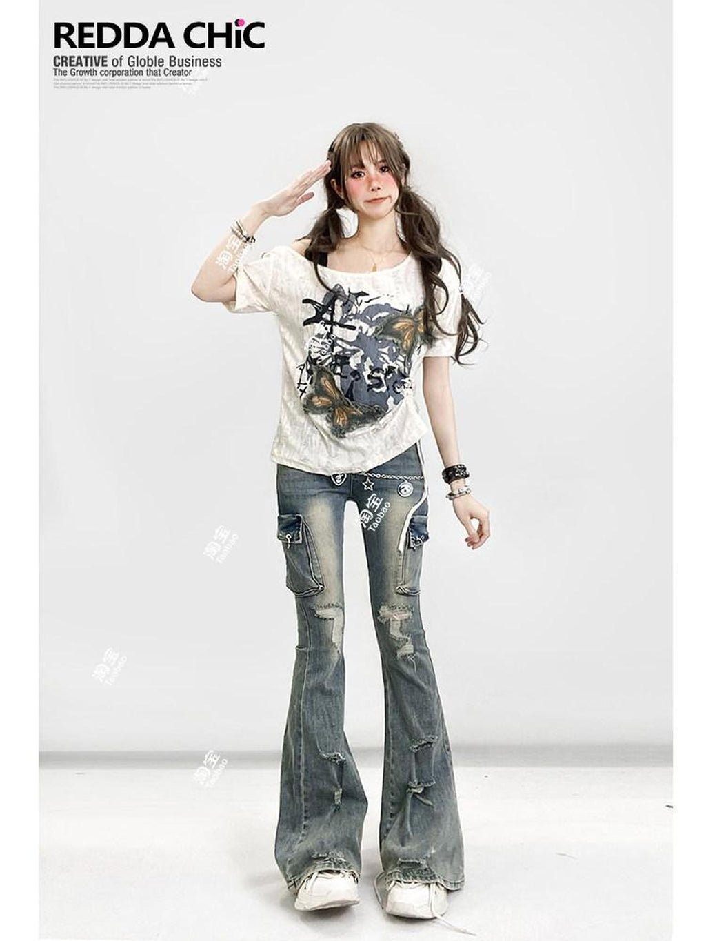 REDDACHIC Butterfly Embroidered Off Shoulder Drawstring Women'S Short Sleeve T-Shirts