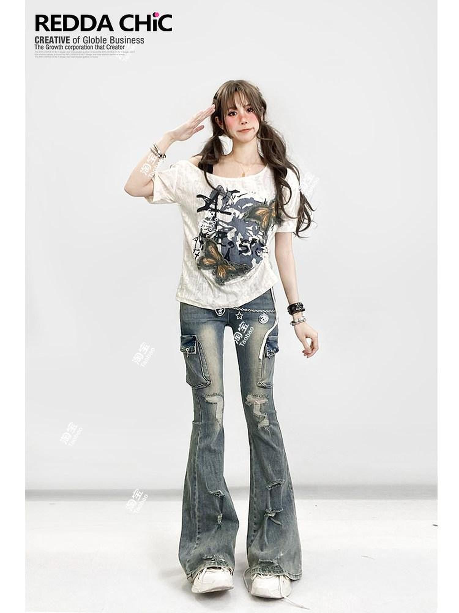 REDDACHIC Butterfly Embroidered Off Shoulder Drawstring Women'S Short Sleeve T-Shirts