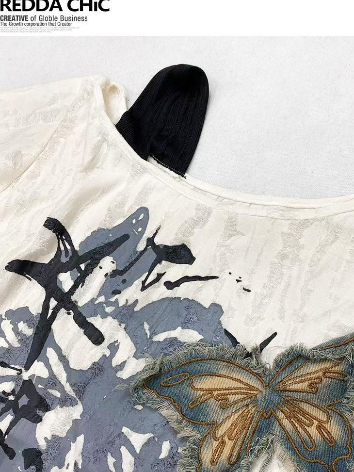 REDDACHIC Butterfly Embroidered Off Shoulder Drawstring Women'S Short Sleeve T-Shirts