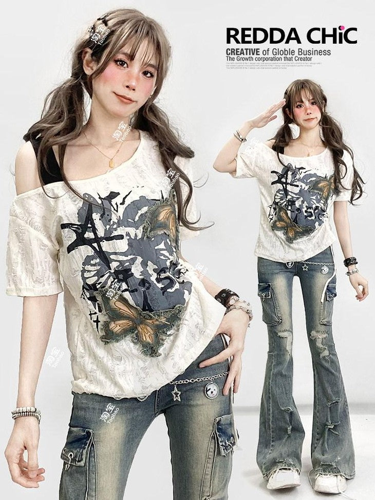 REDDACHIC Butterfly Embroidered Off Shoulder Drawstring Women'S Short Sleeve T-Shirts