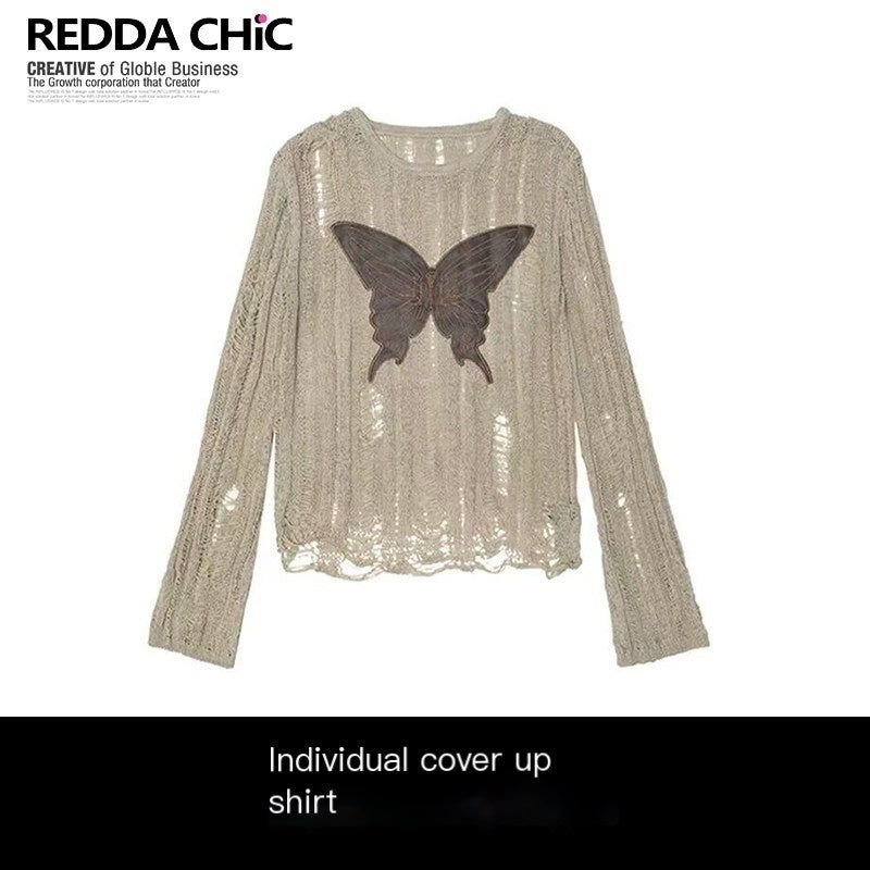 REDDACHIC_Butterfly_Embroidered_Sheer_Khaki_Women'S_Knit_Long_Sleeve_T-Shirts_MISSTT