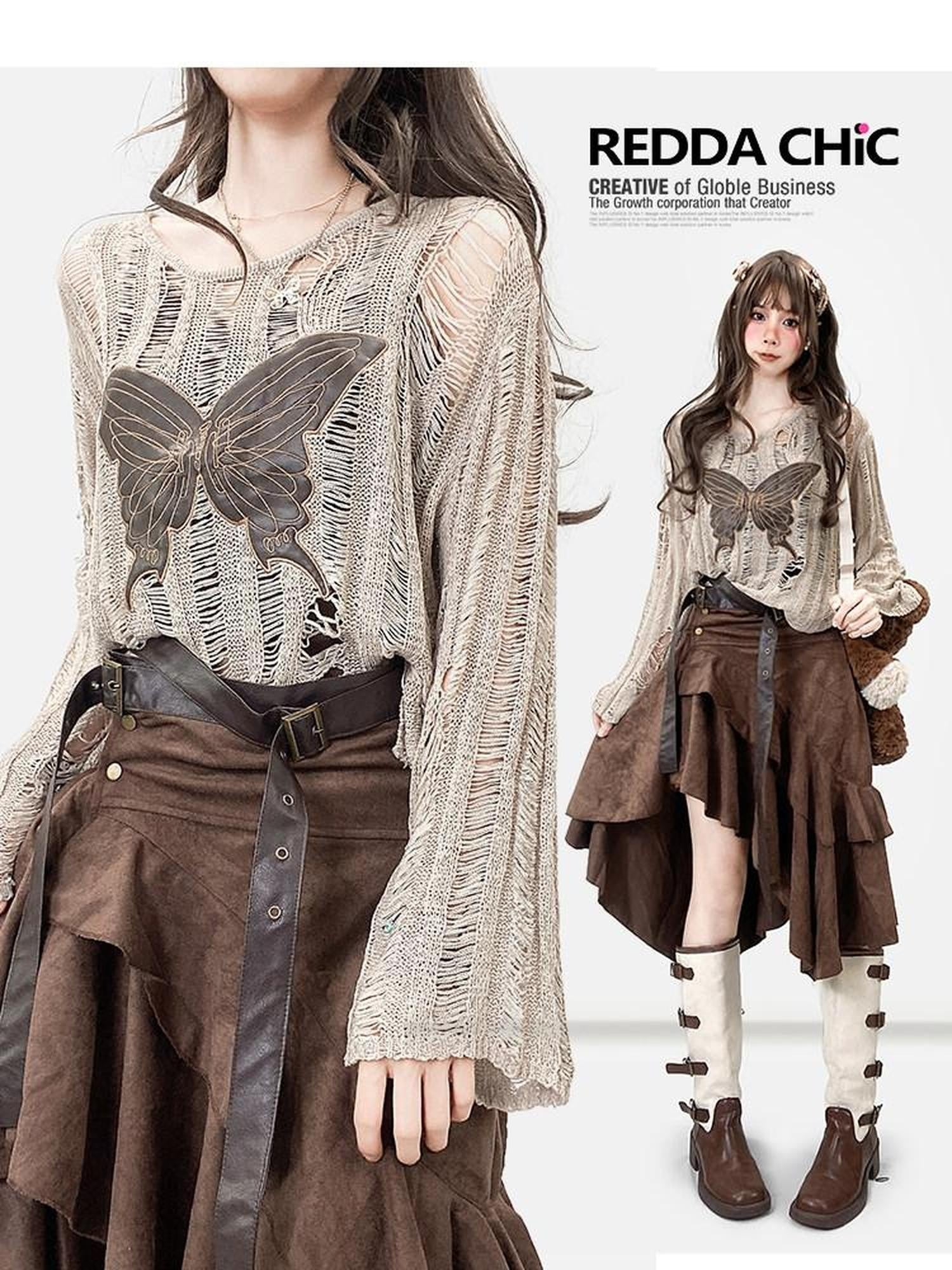 REDDACHIC Butterfly Embroidered Sheer Khaki Women'S Knit Long Sleeve T-Shirts