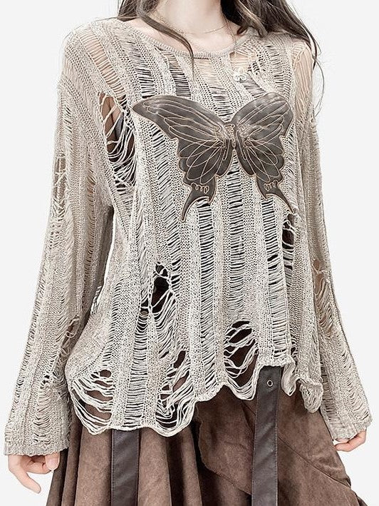 REDDACHIC Butterfly Embroidered Sheer Khaki Women'S Knit Long Sleeve T-Shirts