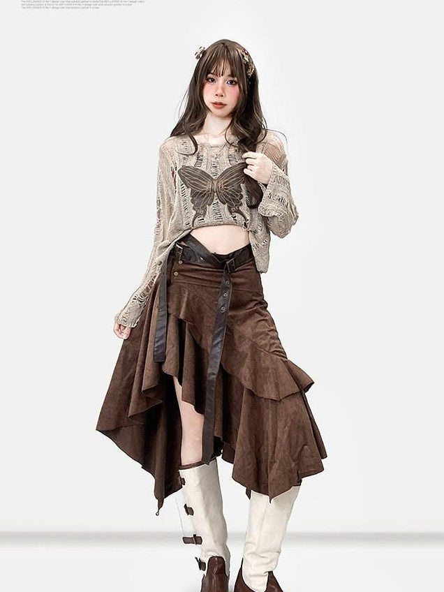REDDACHIC Butterfly Embroidered Sheer Khaki Women'S Knit Long Sleeve T-Shirts