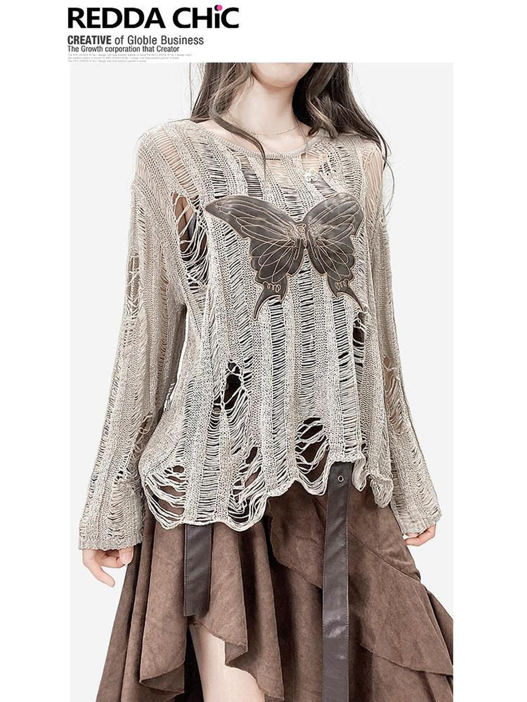 REDDACHIC Butterfly Embroidered Sheer Khaki Women'S Knit Long Sleeve T-Shirts