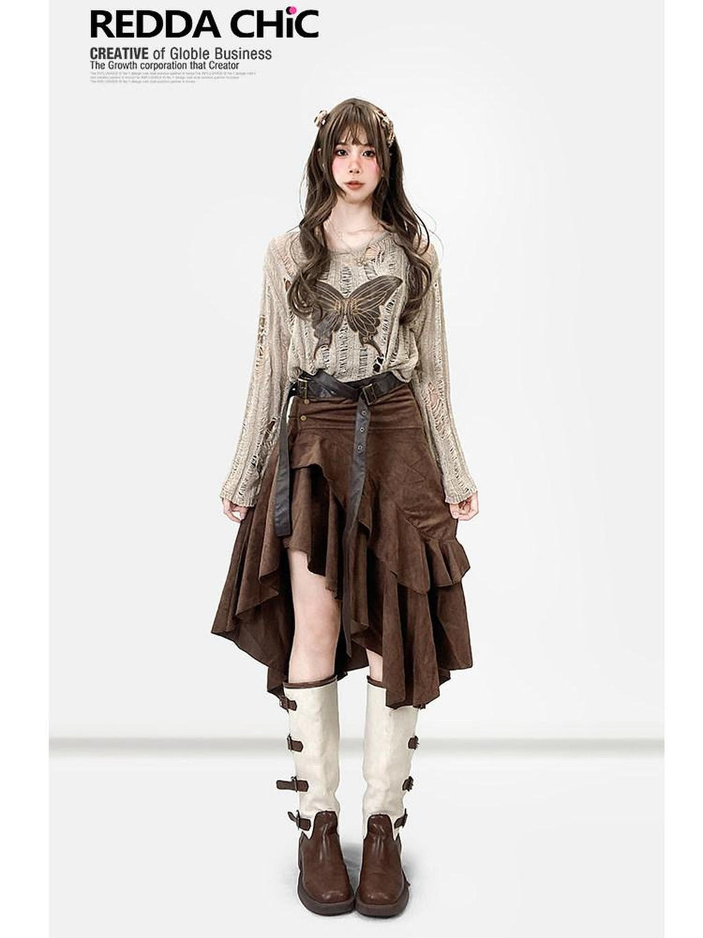 REDDACHIC Butterfly Embroidered Sheer Khaki Women'S Knit Long Sleeve T-Shirts