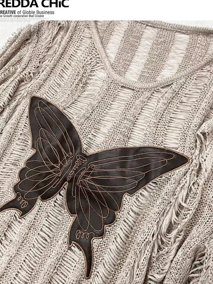 REDDACHIC Butterfly Embroidered Sheer Khaki Women'S Knit Long Sleeve T-Shirts