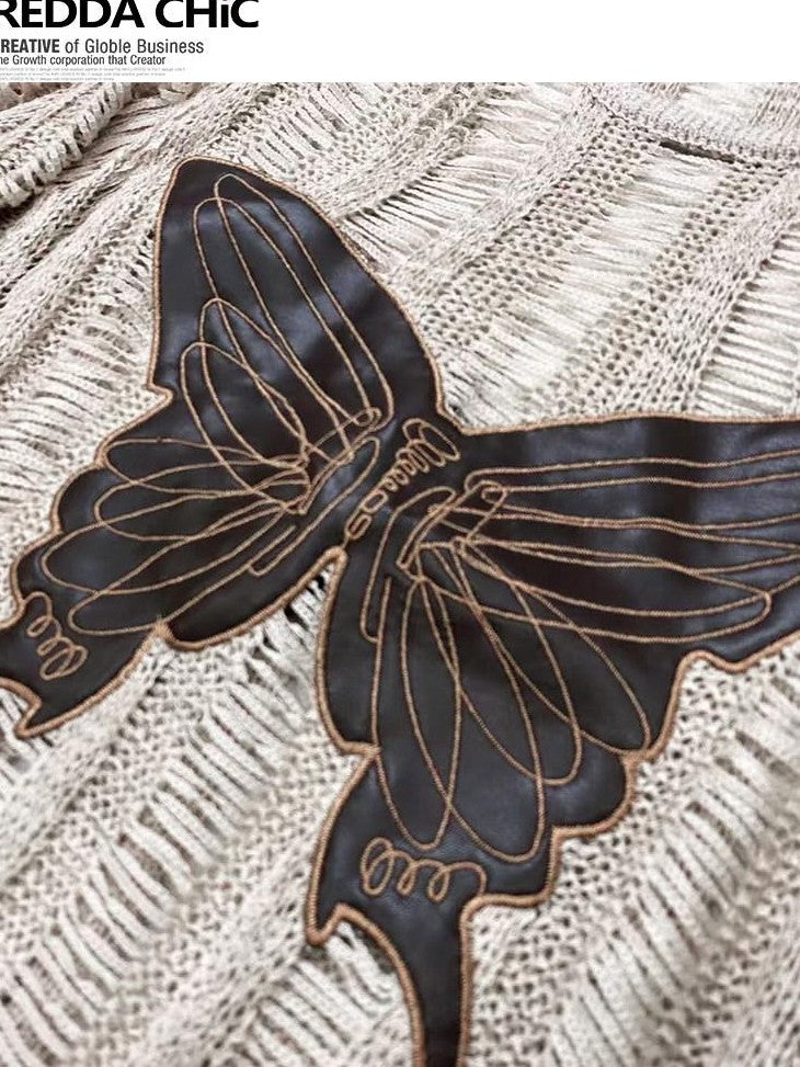REDDACHIC Butterfly Embroidered Sheer Khaki Women'S Knit Long Sleeve T-Shirts