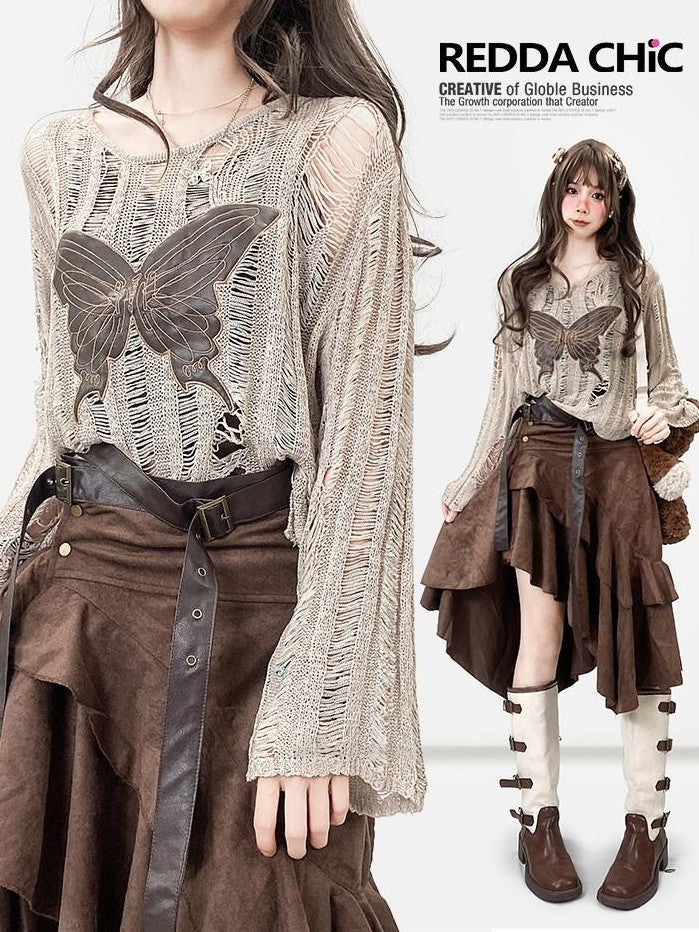 REDDACHIC Butterfly Embroidered Sheer Khaki Women'S Knit Long Sleeve T-Shirts