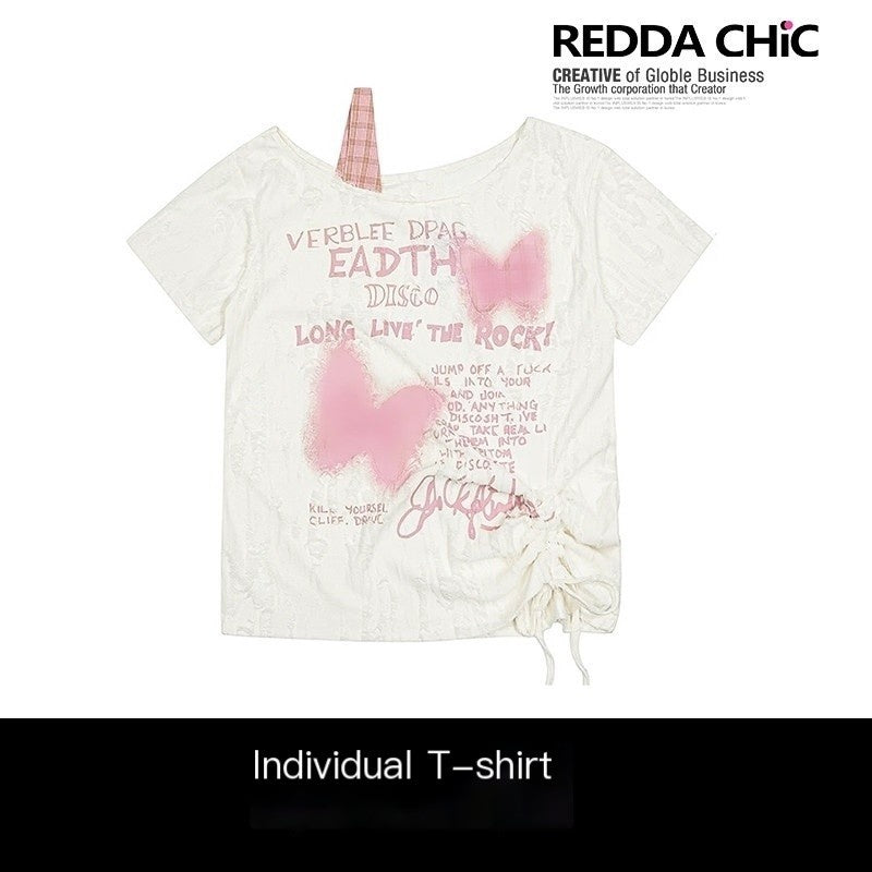 REDDACHIC_Butterfly_Print_One_Shoulder_Drawstring_Ripped_Women'S_Short_Sleeve_T-Shirts_MISSTT