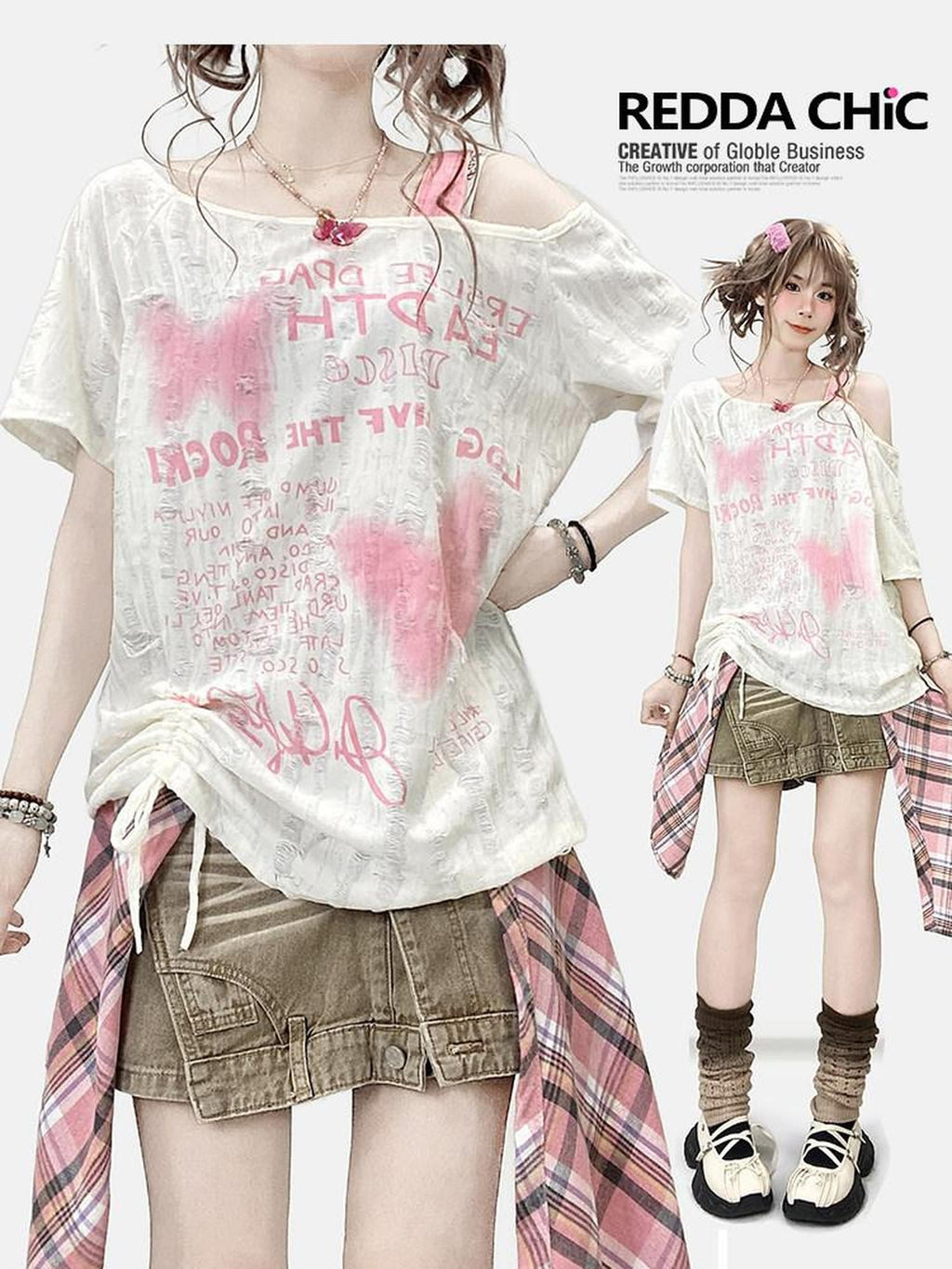 REDDACHIC Butterfly Print One Shoulder Drawstring Ripped Women'S Short Sleeve T-Shirts