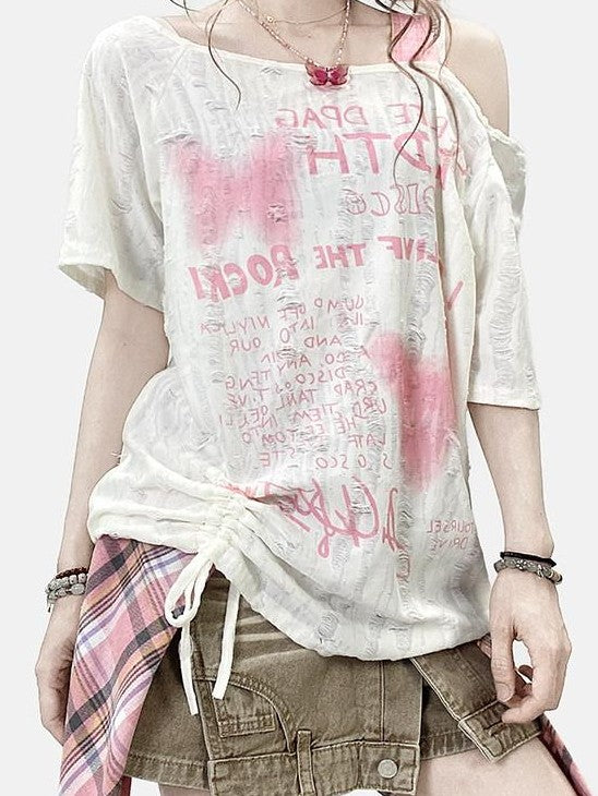 REDDACHIC Butterfly Print One Shoulder Drawstring Ripped Women'S Short Sleeve T-Shirts