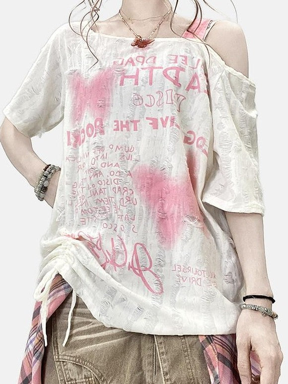 REDDACHIC Butterfly Print One Shoulder Drawstring Ripped Women'S Short Sleeve T-Shirts