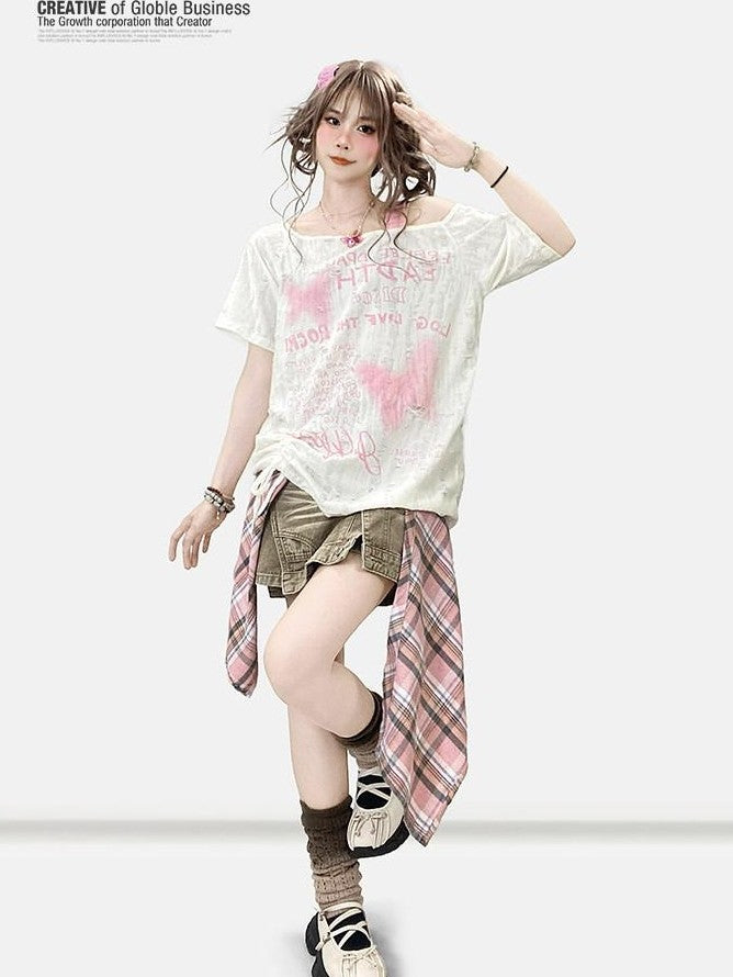 REDDACHIC Butterfly Print One Shoulder Drawstring Ripped Women'S Short Sleeve T-Shirts