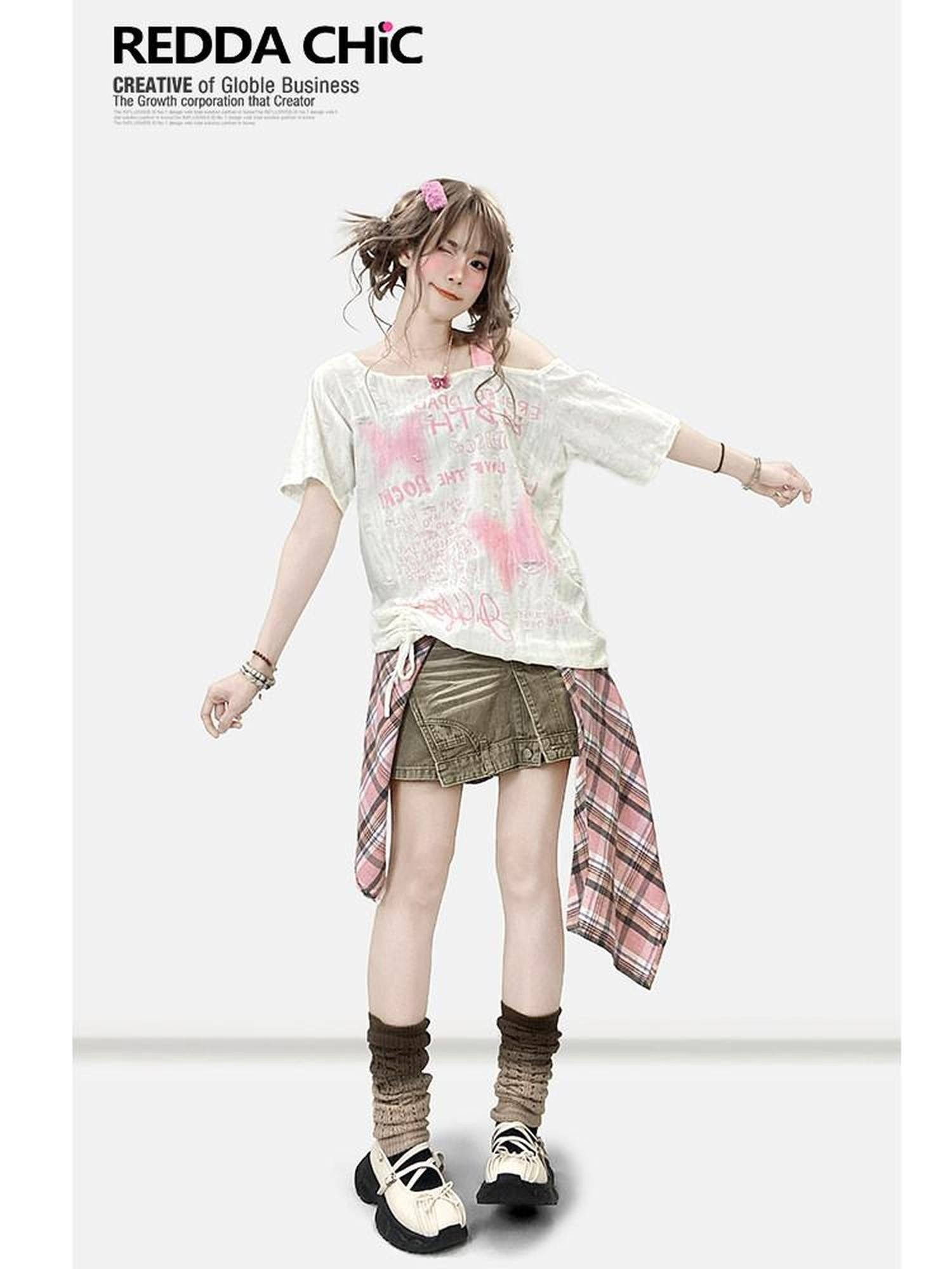 REDDACHIC Butterfly Print One Shoulder Drawstring Ripped Women'S Short Sleeve T-Shirts